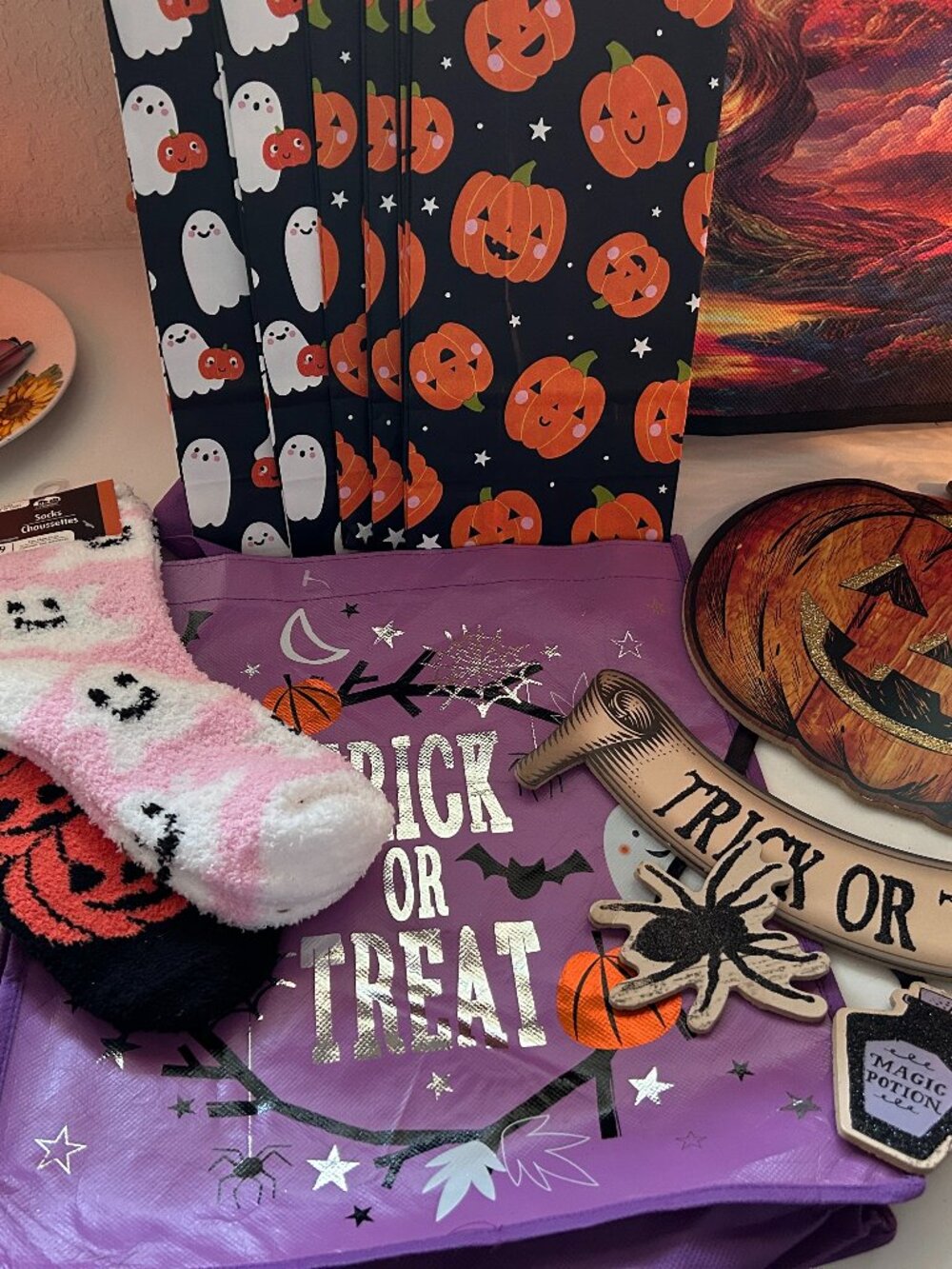 New Halloween Bundle- Slipper/Regular Socks, Bag, Pumpkin Door Hanger